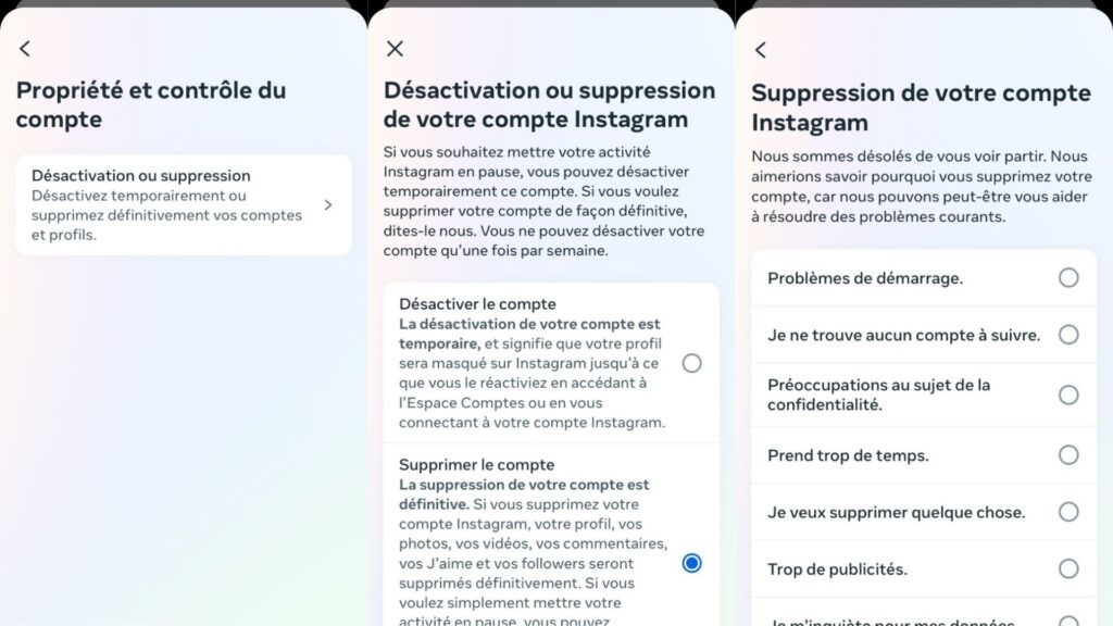 Les étapes à suivre pour supprimer un compte Instagram // Source : Capture d'écran Numerama