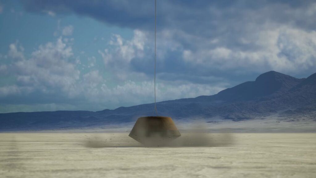 La capsule se posant dans le désert de l'Utah, vue d'artiste. // Source : Capture d'écran YouTube Nasa Goddard