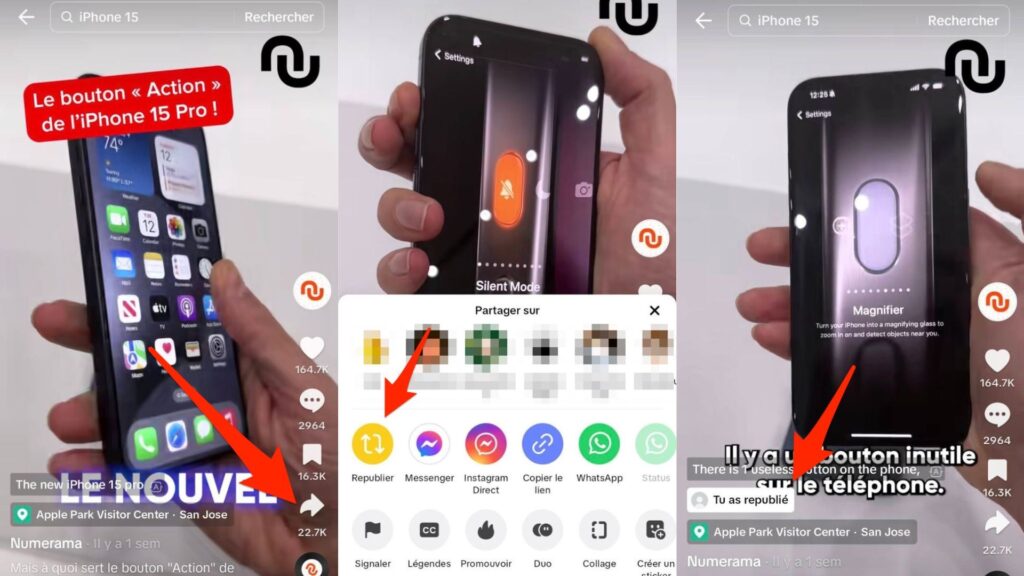 Les étapes à suivre pour republier une vidéo sur TikTok // Source : Capture d'écran et montage Numerama