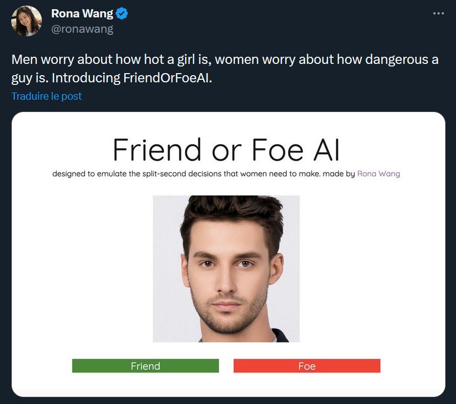 Beaucoup de personnes se sont moquées de SmashOrPassAI, comme la développeuse Rona Wang, qui a proposé sa version féministe du concept : un site qui montre des images de faux hommes, dont on doit déterminer s'ils ont l'air dangereux ou non. // Source : Rona Wang