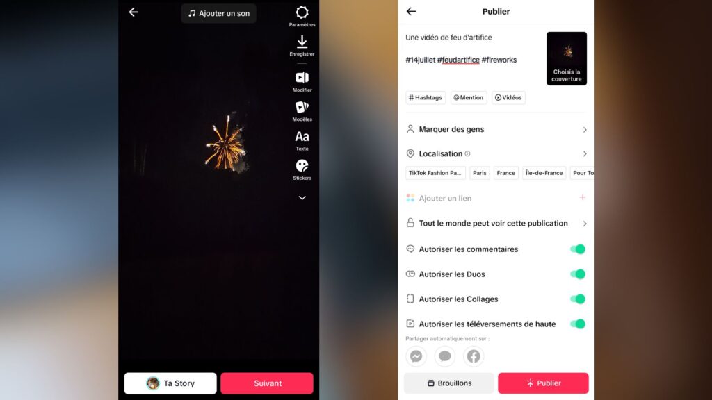 Deux écrans importants lors de la publication sur TikTok. // Source : Capture