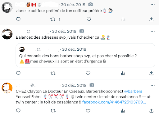 Posts antérieurs à 2019 où l'emoji « 💈 » est associé aux barbershops // Source : Capture d'écran Numerama le 30/08/23