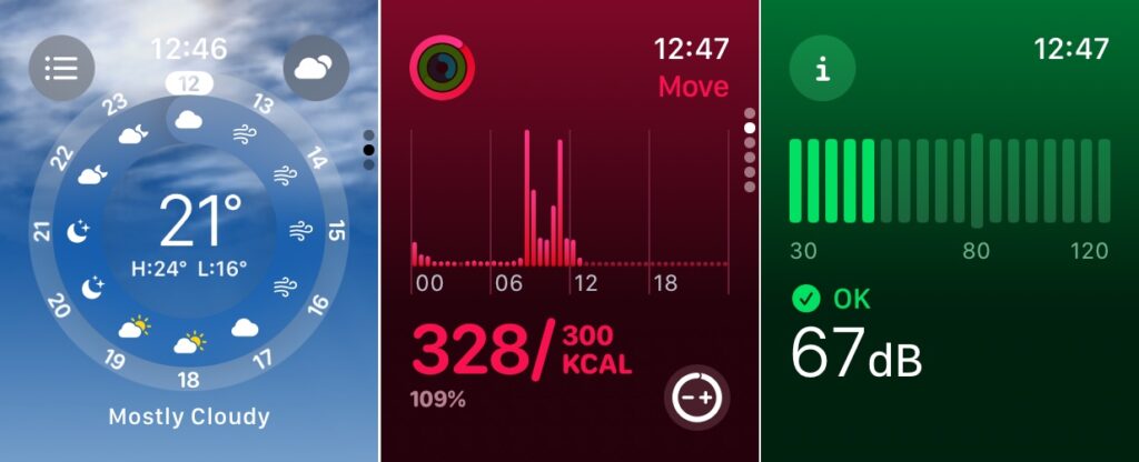 Météo, Activité et Bruit sur watchOS 10. C'est très coloré.