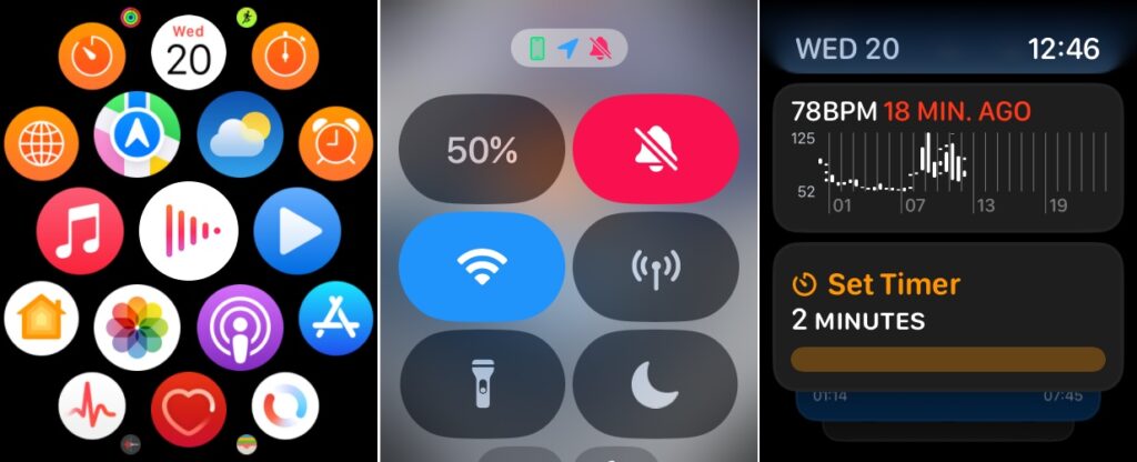 Les icônes ne sont plus libres, ils s'affichent sous la forme d'une liste sous watchOS 10. À droite, on voit les widgets.