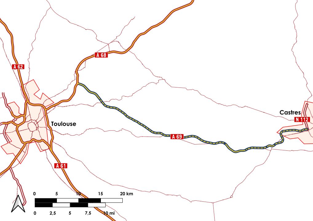 Le tracé du projet d'autoroute A69. // Source : OpenStreetMap/Ryse93/Wikimédias