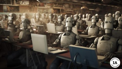 Une salle remplie de robots journalistes. // Source : Numerama avec Midjourney