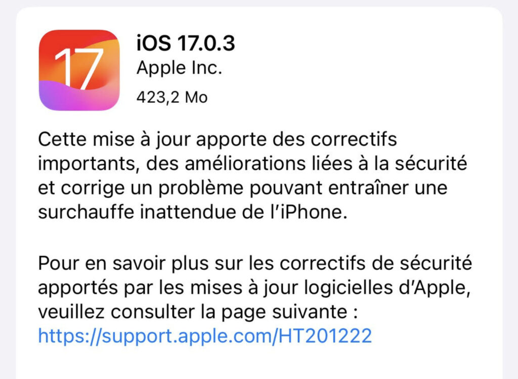 Les notes de la mise à jour iOS 17.0.3 mentionnent la surchauffe.