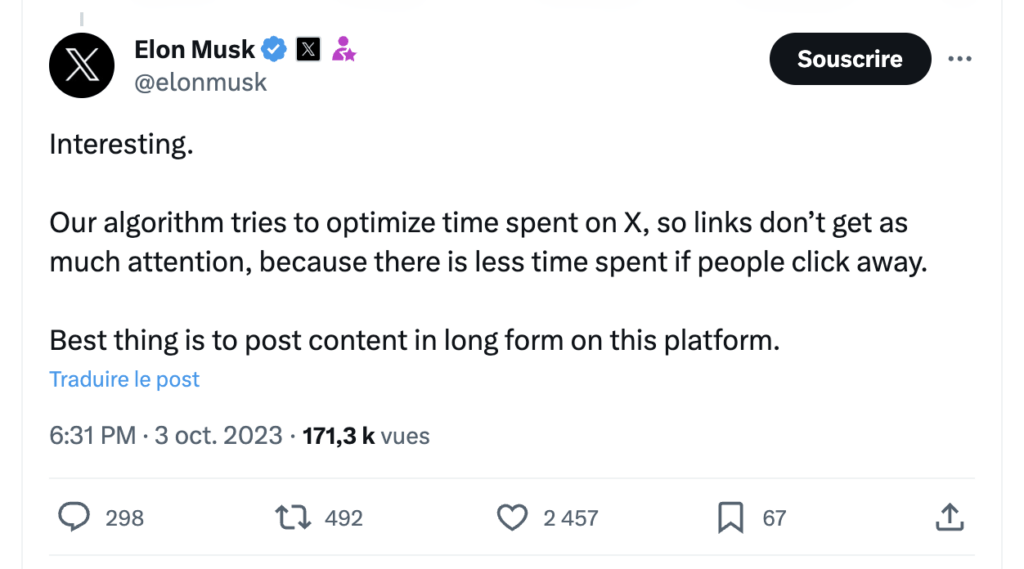 Notre algorithme essaie d'optimiser le temps passé sur X. Les liens font partir les gens de X. La meilleure option est de publier du contenu sous forme longue sur X.