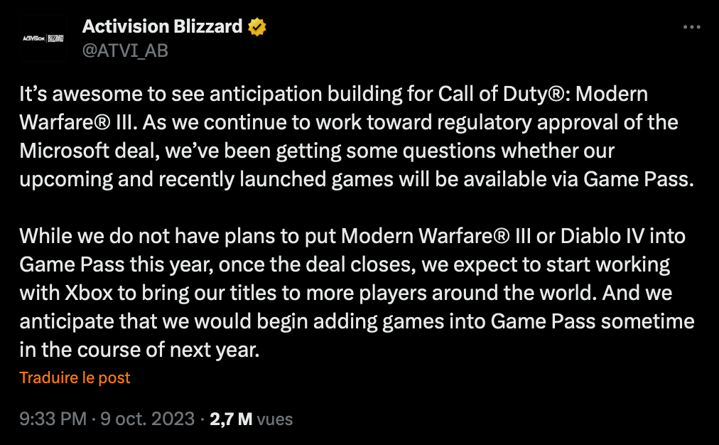 Le tweet d'Activision Blizzard.
