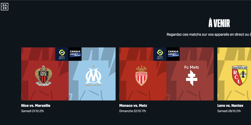 Sur son site, DAZN met déjà en avant la Ligue 1. Il diffuse des matchs grâce à un accord avec Canal+. // Source : DAZN