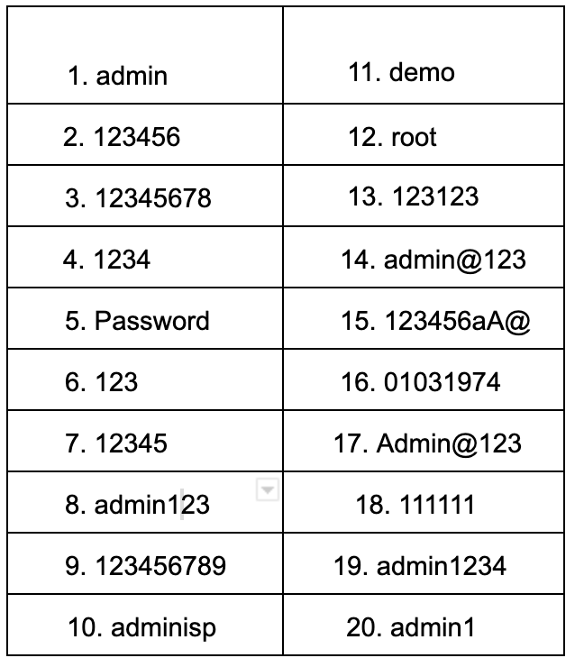La liste des 20 mots de passe les plus utilisés. // Source : Numerama