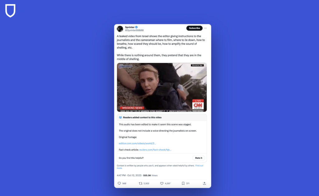 Ce tweet extrêmement populaire et relayé par des médias du monde arabe prétend que CNN a organisé une fausse vidéo d'explosion, pour donner l'impression qu'Israël était attaqué. Mais il s'agit d'un montage, avec une voix off par dessus de vraies images.