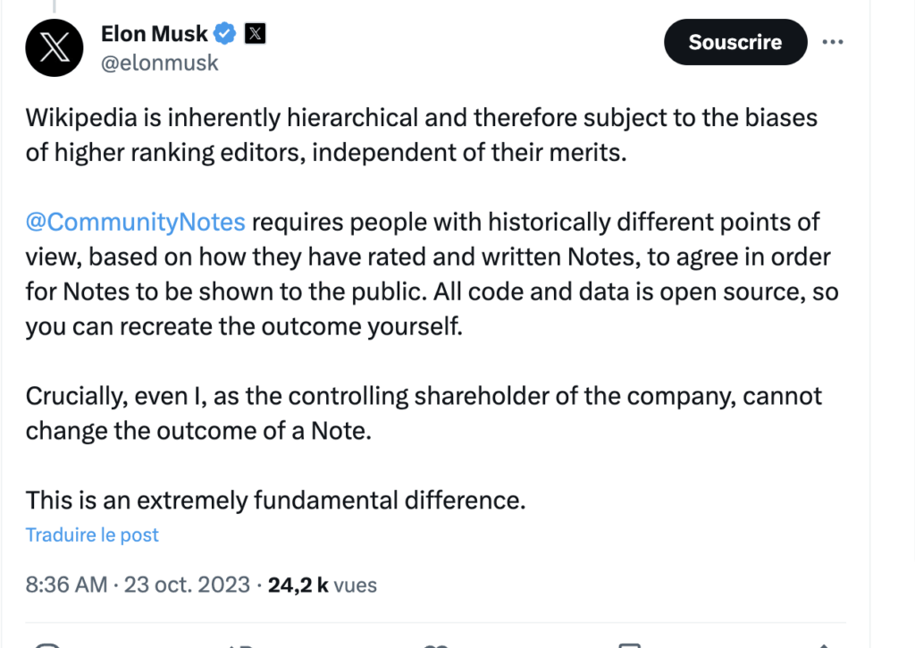 Les différences entre Wikipedia et les Community Notes selon Elon Musk.