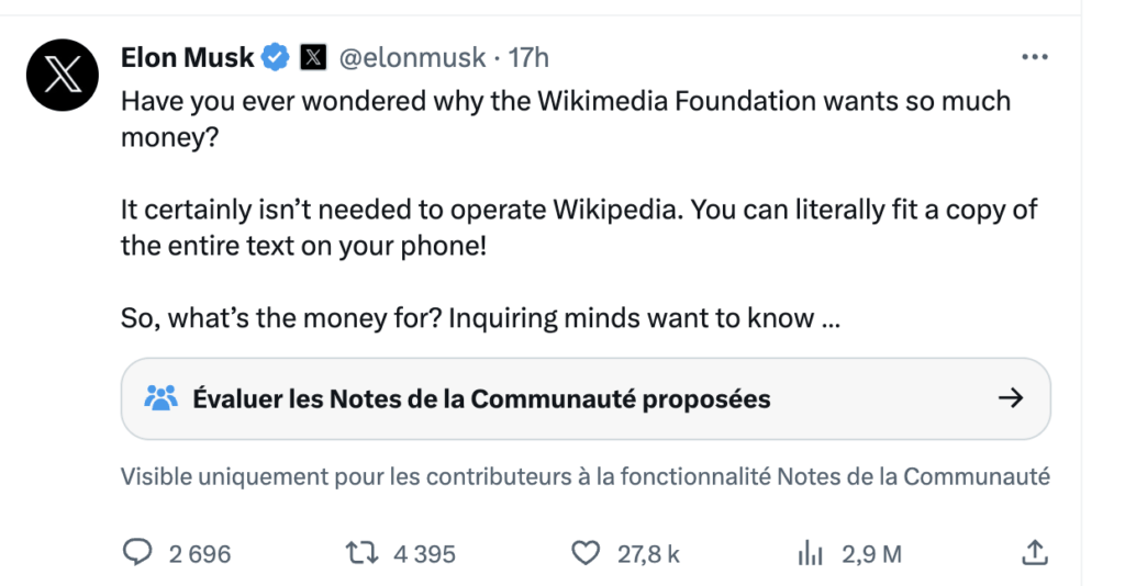 Dans ce tweet au ton complotiste, Elon Musk suggère que Wikipedia récolte des dons pour servir une cause secrète, qui n'a rien à voir avec sa raison d'être.