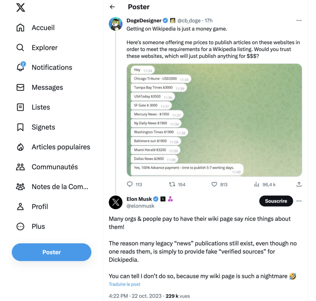Des médias payés par Wikipedia dans une conversation Telegram ? Elon Musk croit en cette théorie.