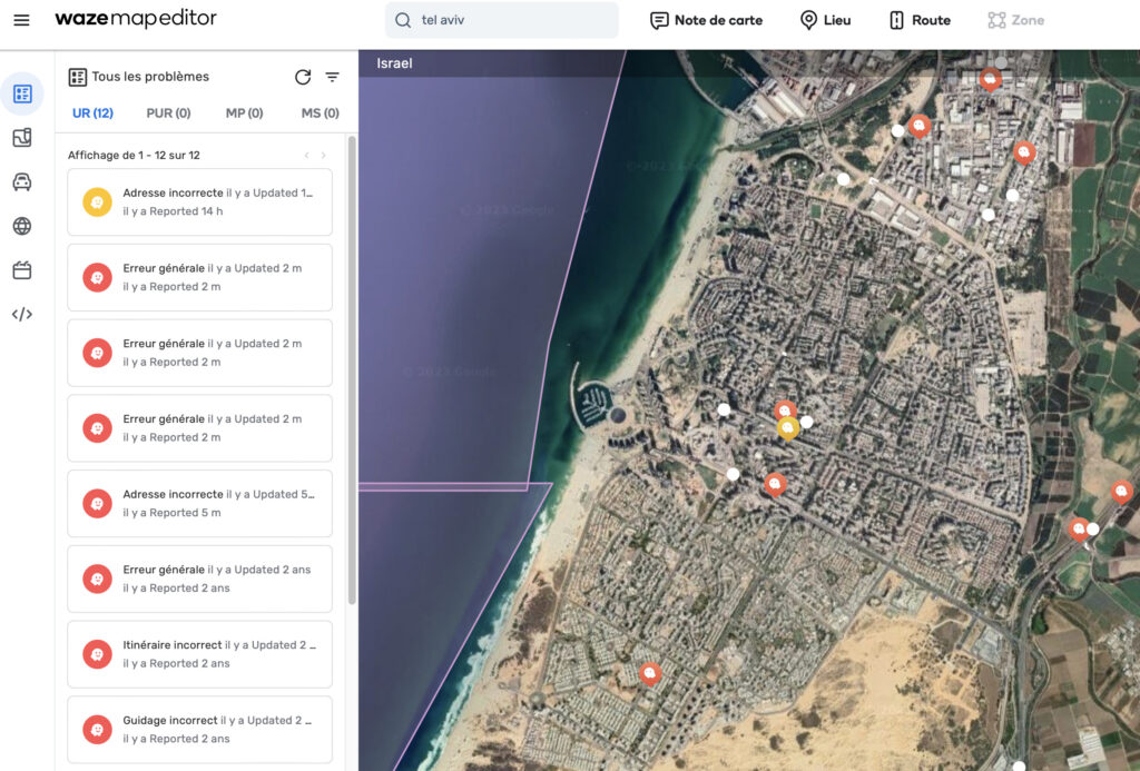 Habituellement rempli de points de données, l'éditeur de carte de Waze, ici à Tel Aviv, est très vide. // Source : Capture Numerama