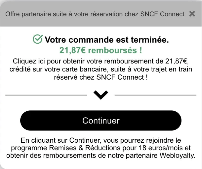 Une offre de cashback à l'issue d'une commande sur SNCF Connect. // Source : Via X @SignalArnaques