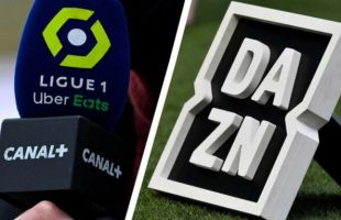 Le logo de DAZN à côté de celui de la Ligue 1 et de Canal+. // Source : DAZN