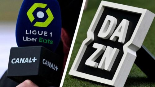 Le logo de DAZN à côté de celui de la Ligue 1 et de Canal+. // Source : DAZN