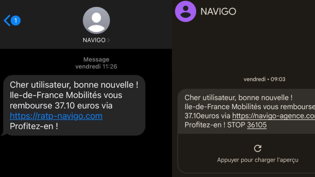 Deux SMS de phishing de cette fausse campagne NAVIGO. // Source : Numerama