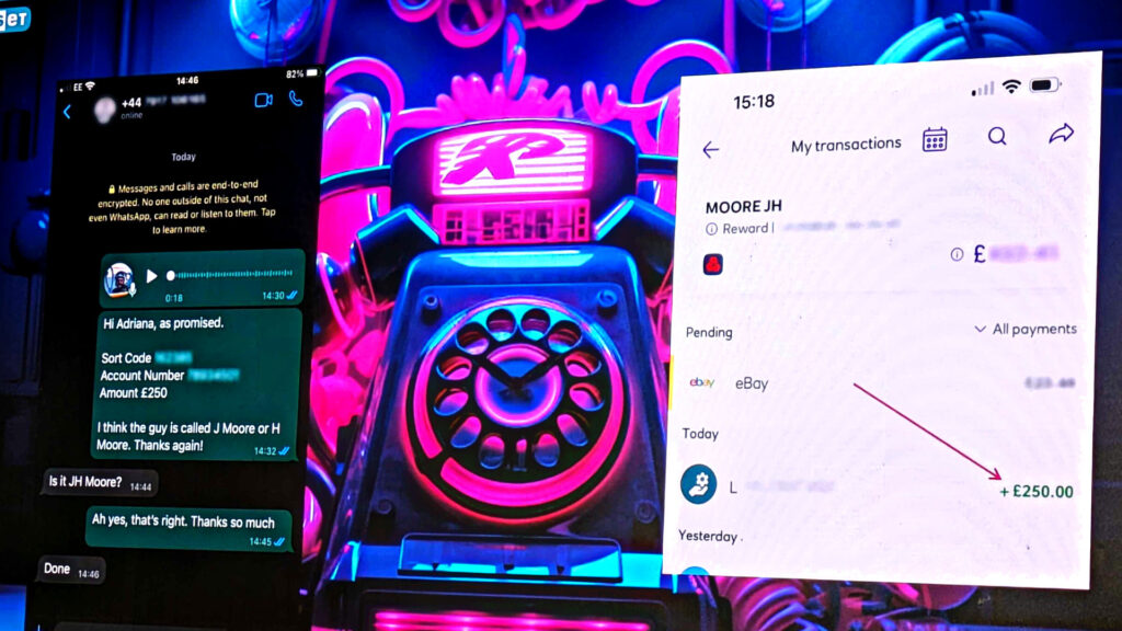 À gauche le message WhatsApp demandant 250 livres et à droite le virement. // Source : Jake Moore