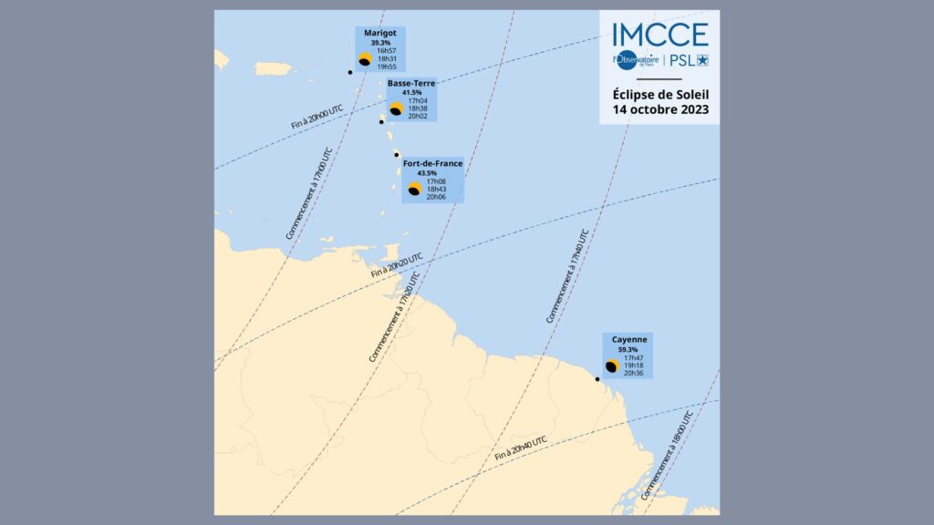 Visibilité de l'éclipse depuis les Antilles et la Guyane. // Source : IMCCE