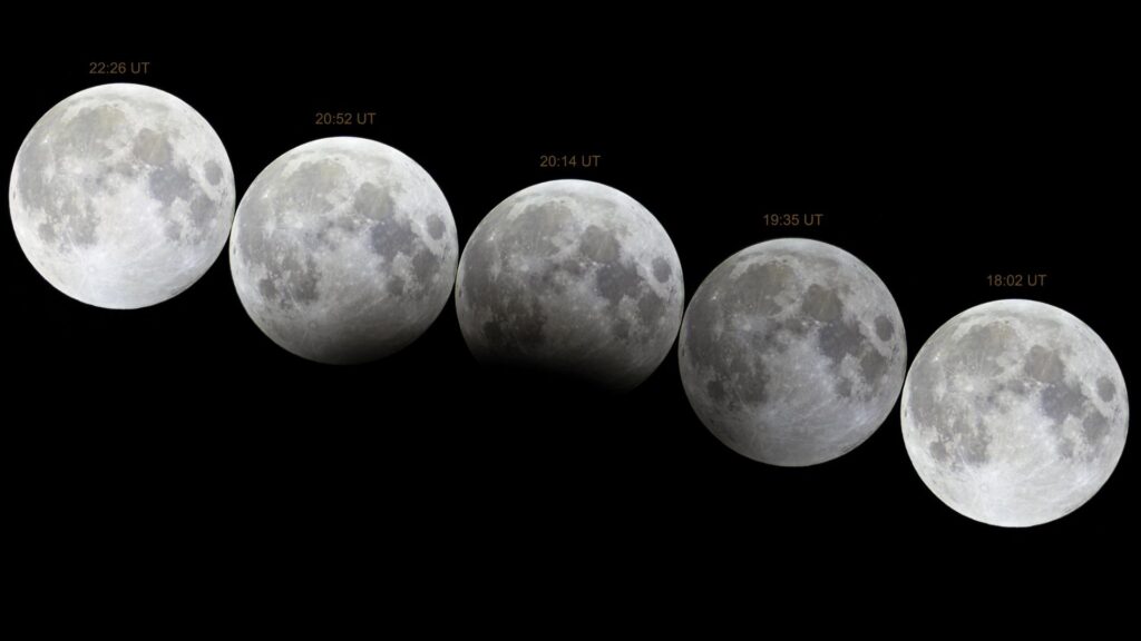 Étapes de l'éclipse lunaire du 28 octobre 2023. // Source : Flickr/CC/Giuseppe Donatiello (photo recadrée)