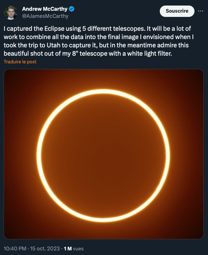 L'éclipse dans sa phase annulaire. // Source : Capture d'écran X @AJamesMcCarthy