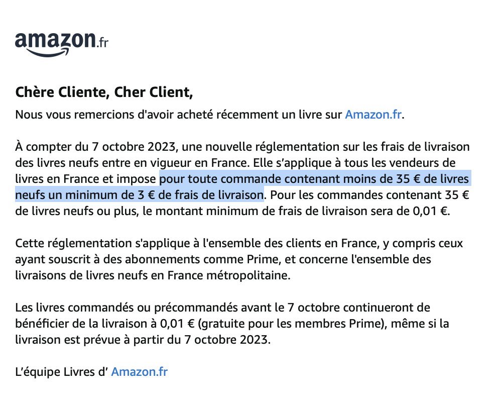 Le message envoyé par Amazon à ses clients, pour les prévenir des nouvelles règles.