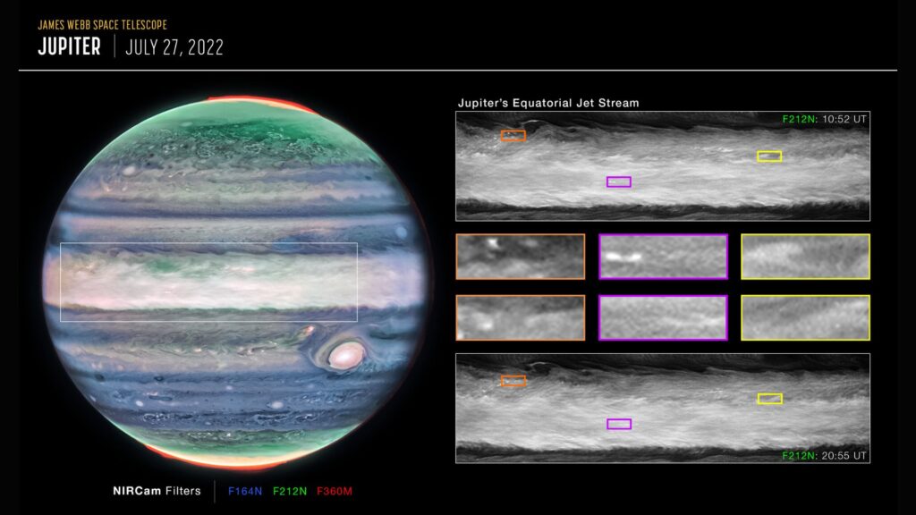 Observations du jet découvert sur Jupiter. // Source : NASA, ESA, CSA, STScI, R. Hueso (University of the Basque Country), I. de Pater (University of California, Berkeley), T. Fouchet (Observatory of Paris), L. Fletcher (University of Leicester), M. Wong (University of California, Berkeley), J. DePasquale (STScI)