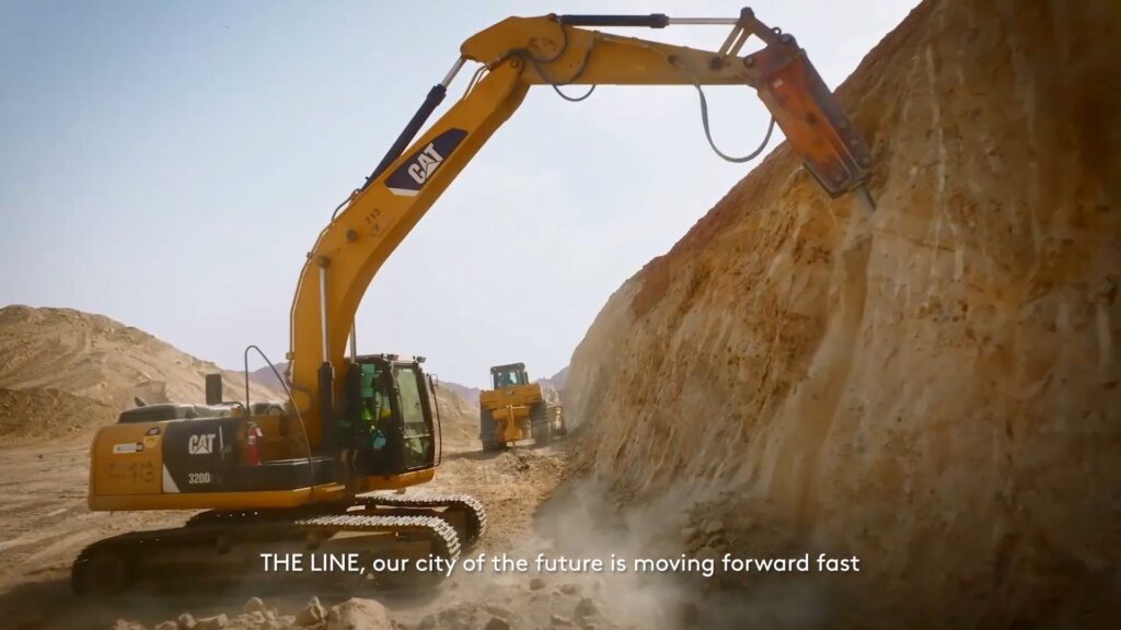 Images of The Line construction in Saudi Arabia // Source: Neom / YouTube