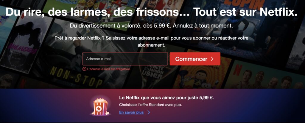 La page d'accueil de Netflix quand on se connecte en tant que visiteur lambda // Source : Capture Numerama