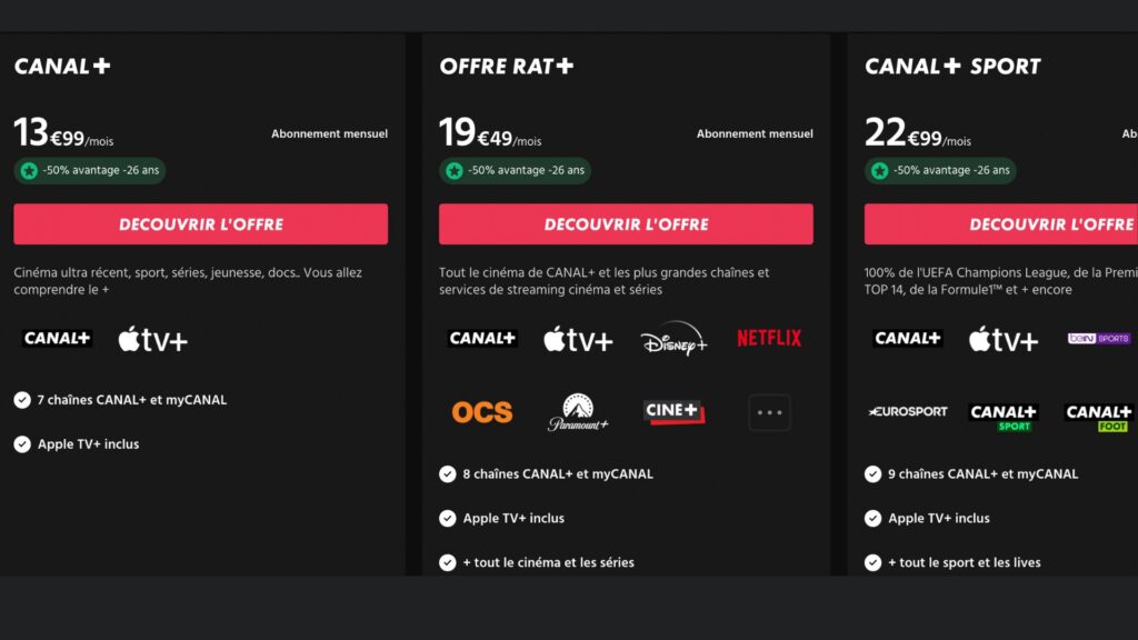 The different Rat+ offers from Canal+ // Source: Screenshot