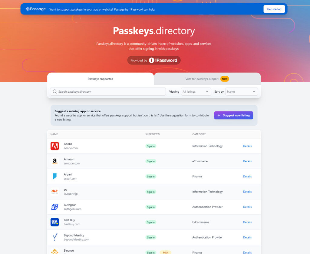 Passkeys.directory // Source: Screenshot