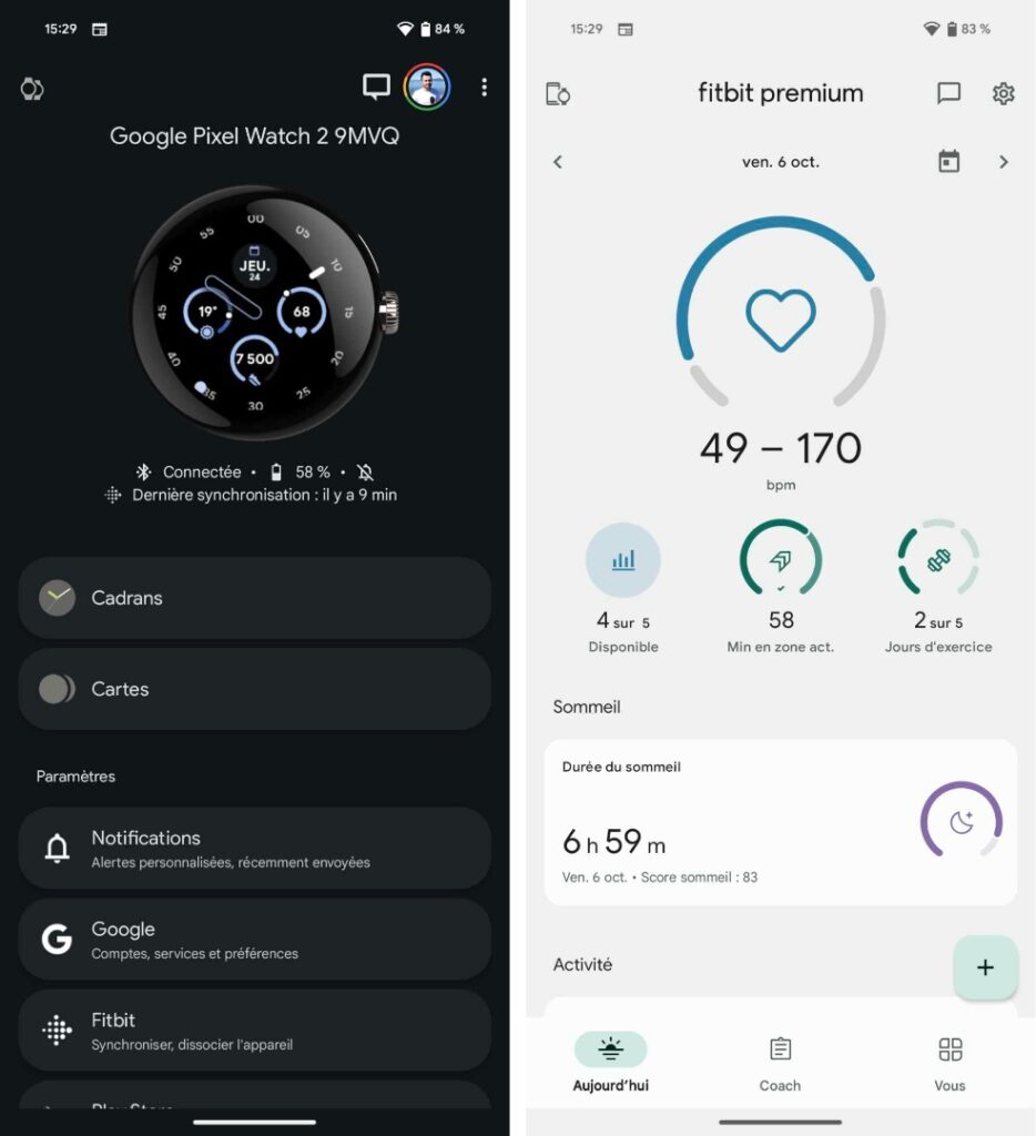 L'appli Pixel Watch à gauche. L'appli Fitbit à droite.