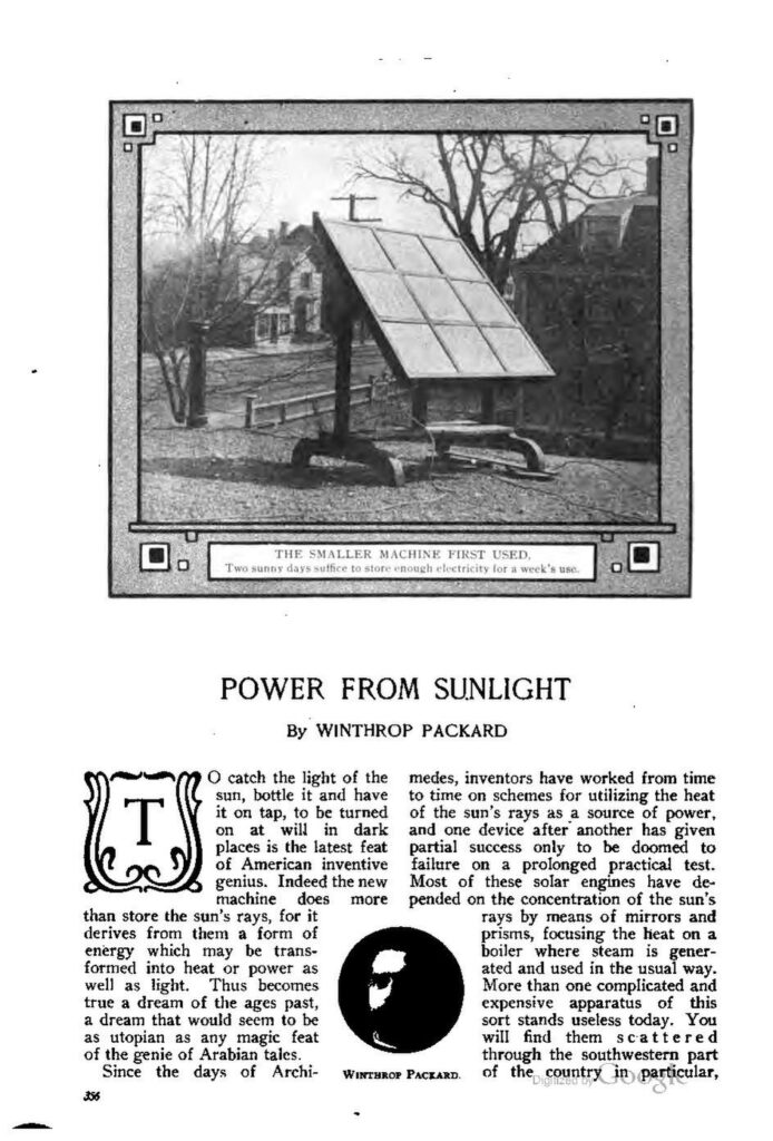 Les panneaux solaires de George Cove en 1909. // Source : Technical World Magazine/wiki