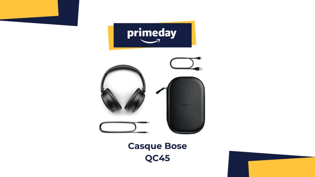 Le casque Quiet Comfort 45 en promotion pour les Prime Day comprend sa sacoche rigide de transport // Source : montage Numerama