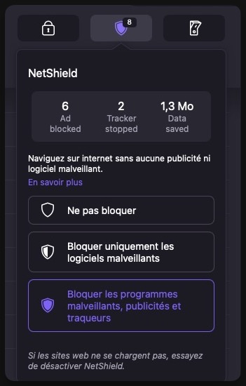 NetShield permet de bloquer les publicités et les trackers pendant votre navigation web. // Source : Capture d'écran