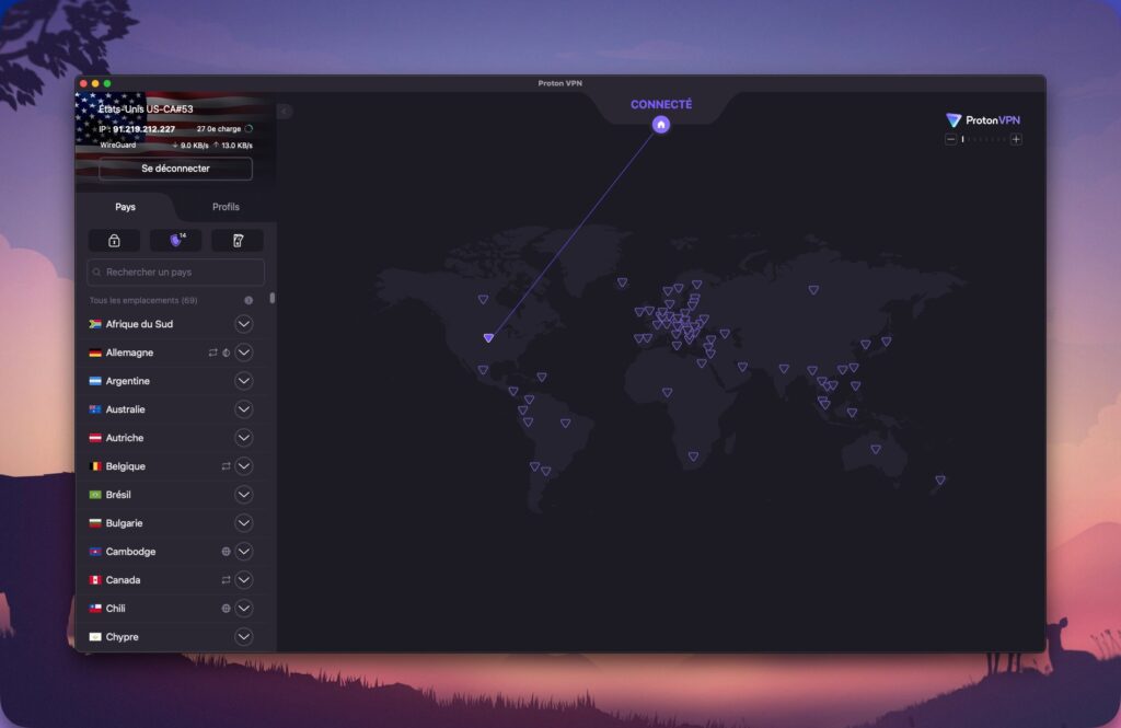 L’interface principale de Proton VPN sur macOS. // Source : Capture d'écran