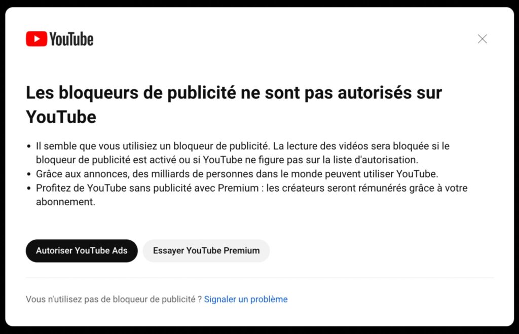 Message affiché par YouTube en présence d'un adblock. // Source : Capture d'écran Numerama