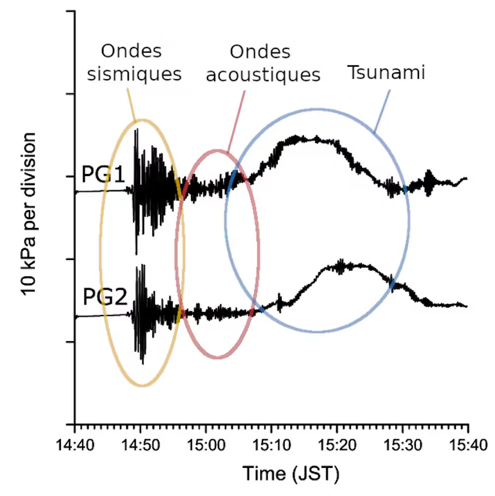 Enregistrements de la pression sous-marine à deux stations différentes (PG1 et PG2) pendant le tremblement de terre de Tohoku en 2011 // Source : H. Matsumoto et collaborateurs