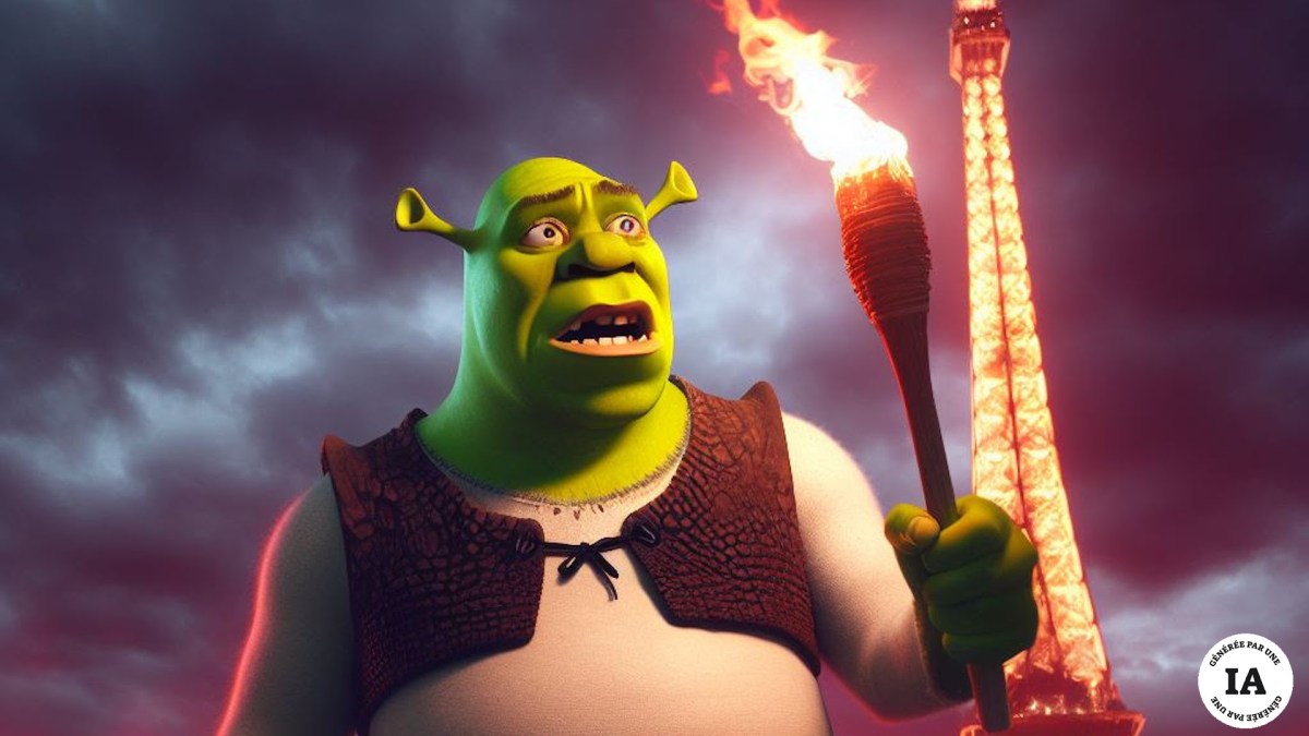 Image générée grâce à Bing Image Creator, avec le prompt "Shrek devant la Tour Eiffel en feu" (je vous épargne d'autres exemples plus douteux)