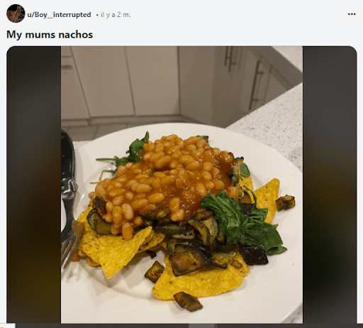 Image tirée du subreddit « r/foodgore » crée en 2012, intitulée « My mums nachos » // Source : Capture d'écran Numerama