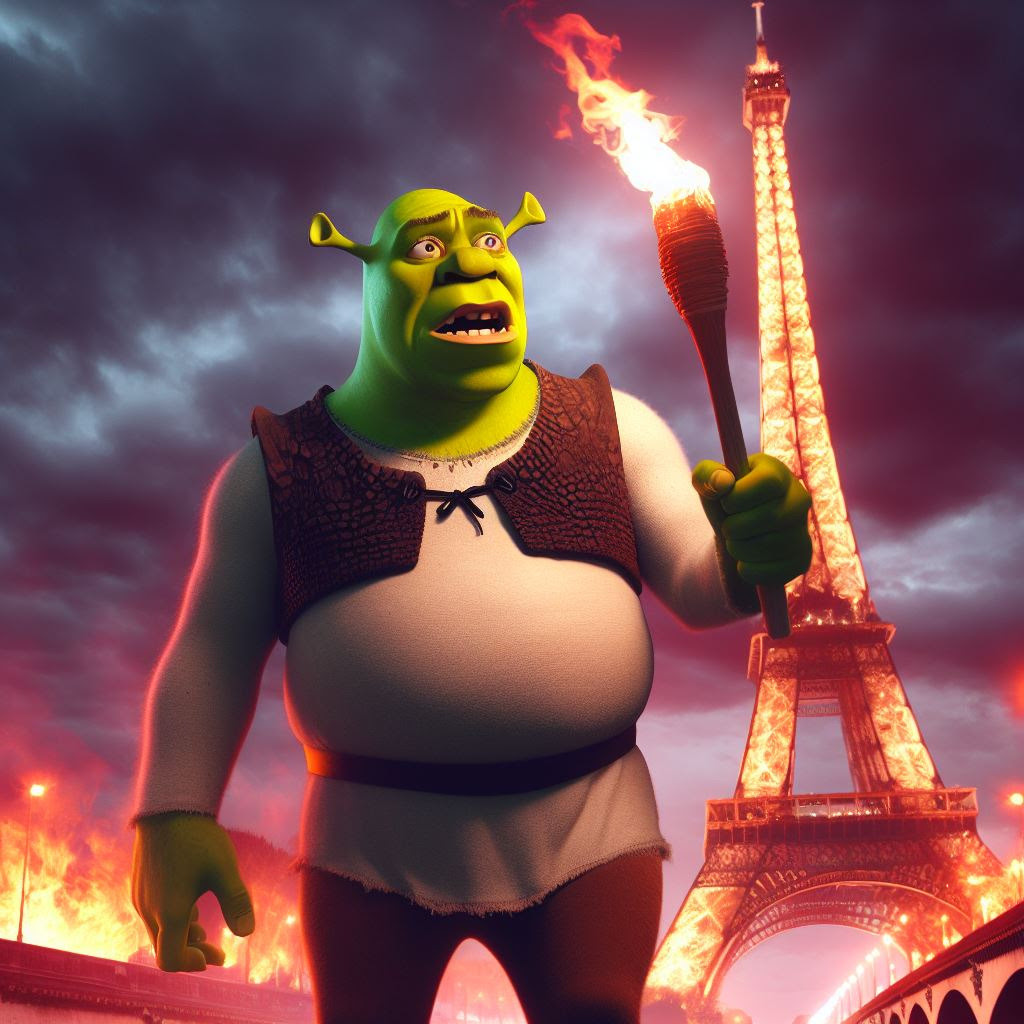 Image générée grâce à Bing Image Creator, avec le prompt "Shrek devant la Tour Eiffel en feu" (je vous épargne d'autres exemples plus douteux)