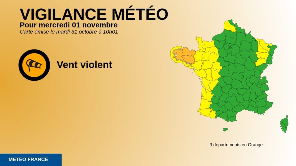 Les départements en vigilance orange. // Source : Via X @VigiMeteoFrance
