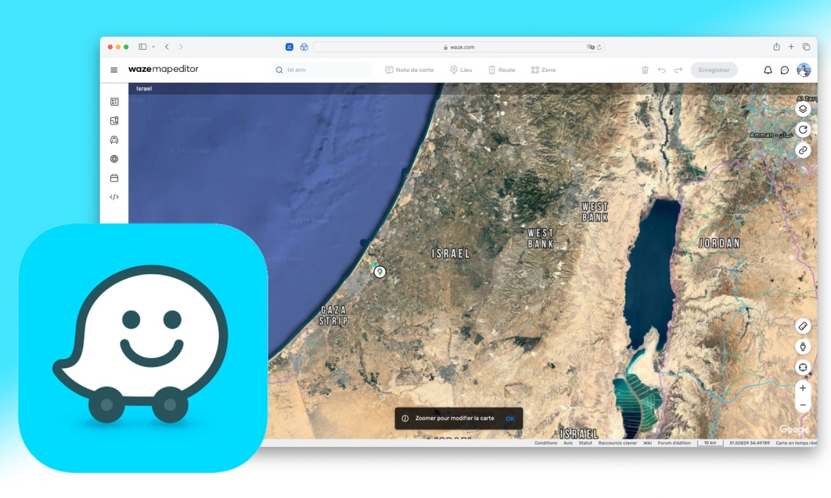 L'éditeur de carte de Waze en Israël et Gaza. // Source : Numerama