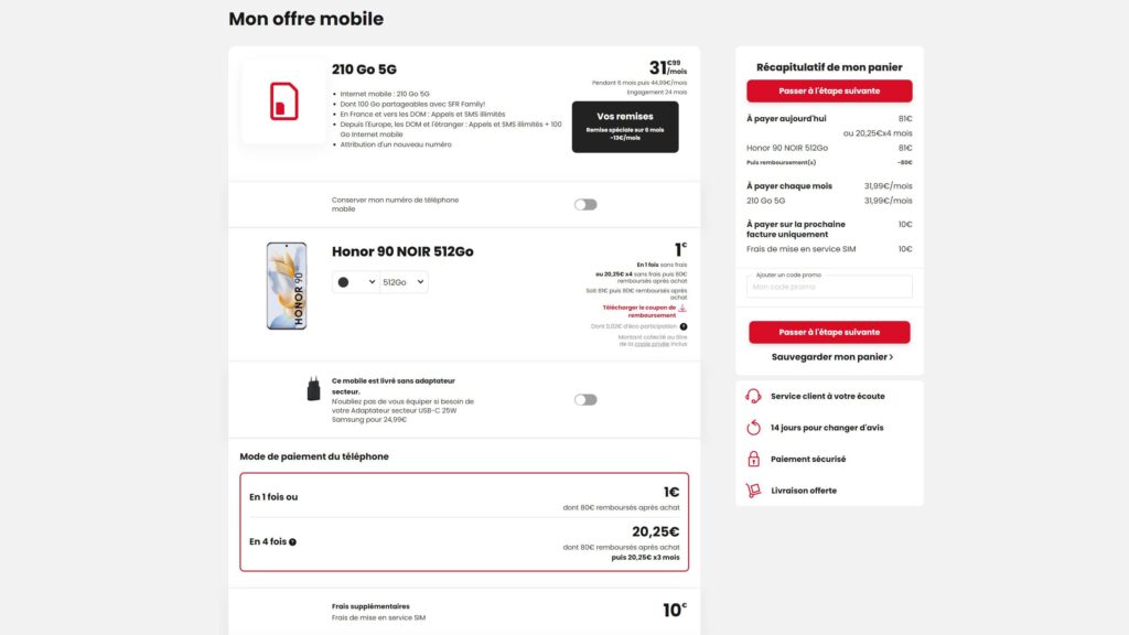 Le Honor 90 à 1 euro avec le forfait 5G 210 Go SFR // Source : SFR