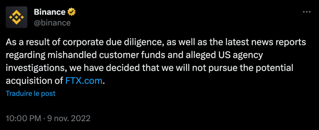 Binance explique qu'elle renonce au sauvtage de FTX. // Source : Capture d'écran Numerama