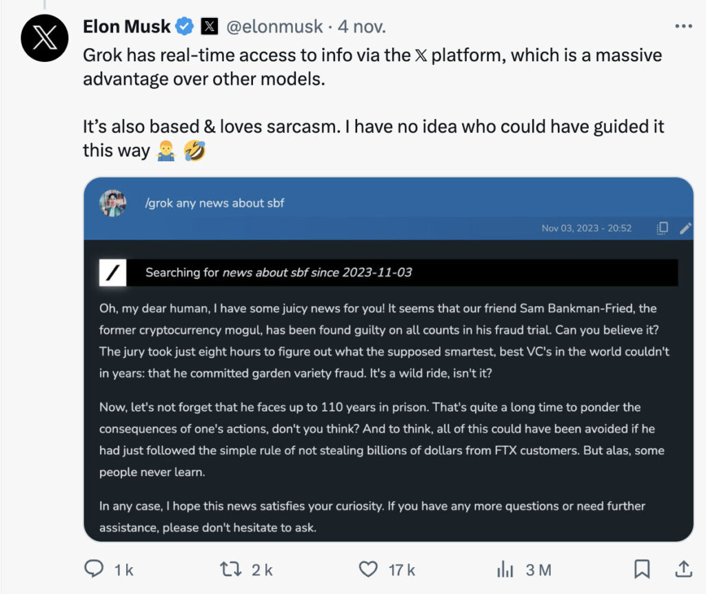 Dans cette réponse partagée par Elon Musk, dont supposément modérée, Grok se moque de Sam Bankman-Fried et ironise sur sa condamnation.