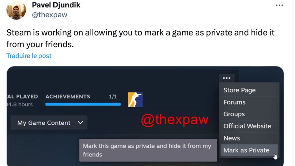 Une fonctionnalité pour cacher individuellement ses jeux sur Steam // Source : Twitter Pavel Djundik